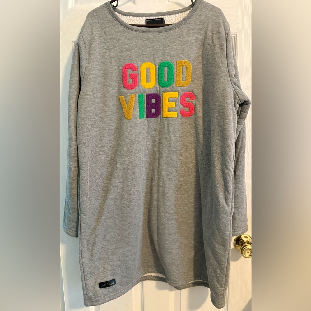 Simply Southern Gray Sweatshirt dress/nightgown with Multicolor 'Good Vibes'
